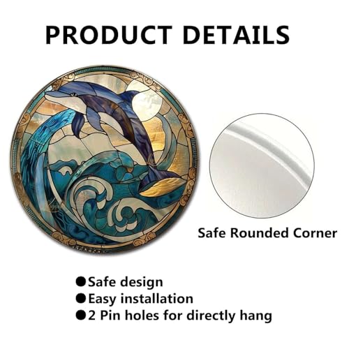 Metal Sign Tin Sign Circular Stained Glass Dolphin Wall Art for Restaurant 8×8 Inches (8×8 Inches / Dolphin-2)