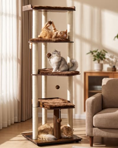67.7" Wooden Cat Tree for Large Cats (Rustic Brown / 23.6"L x 22.8"W x 67.7"H)