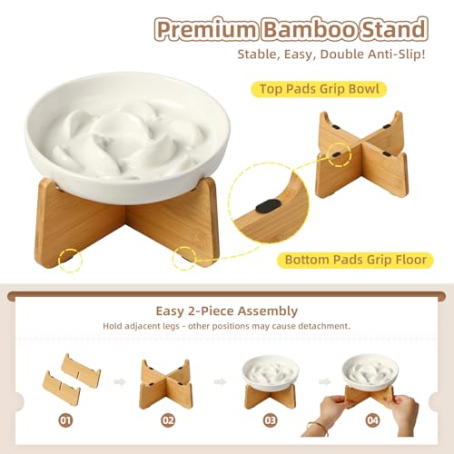 Elevated Ceramic Slow Feeder Cat Bowl (Blue Elevated (Bamboo) / 3.7"H Elevated (Bamboo))