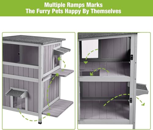 Upgraded Larger Size Outdoor Cat House (Grey / Flat Roof - 24.3"W)