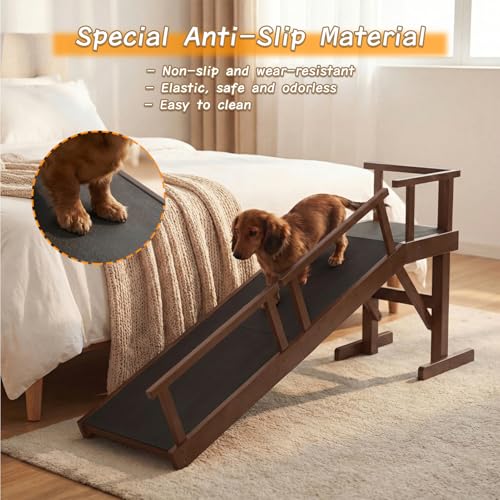 61" Dog Ramp for Bed with Rest Platform & Glow Strips (Brown / 61"L x 20"H x 15.7"W)