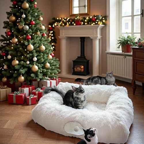 4 Cave Shuttled XL Cat Tunnel Bed for Indoor Cats Peekaboo Toy Donut with Warm Mat (White)