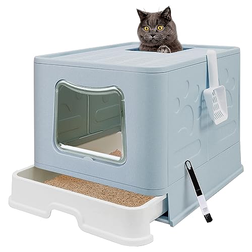 XL Foldable Cat Litter Box with Lid (Blue / X-Large)