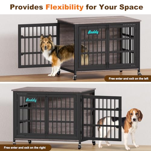 41"/33"/27" Dog Crate Furniture with Name Tag, Heavy Duty Dog Kennel Indoor for Medium Dogs, Double-Doors Sturdy Metal Dog Cage for Anxiety Dog, Decorate House as TV Stand, End Table (40.8"L x 29.3"W x 30.2"H / Grey)
