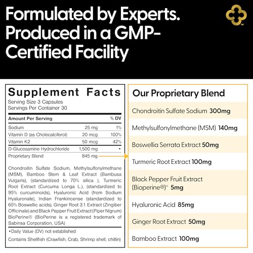 All-In-1 Joint Support Supplement: Glucosamine 1500mg Chondroitin MSM Turmeric Hyaluronic Acid Boswellia Ginger Bamboo BioPerine Supports Joints, Bones, Back, Knees & Hands Flexibility 90 Count