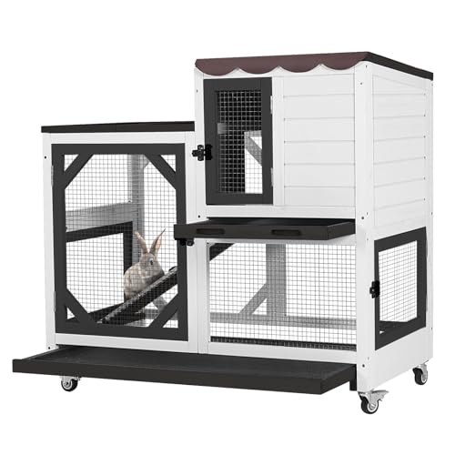 Rabbit Hutch Indoor Outdoor 2 Story Bunny House on Wheels Wood Rabbit Cage with 2 Pull Out Trays Guinea Pig Cage