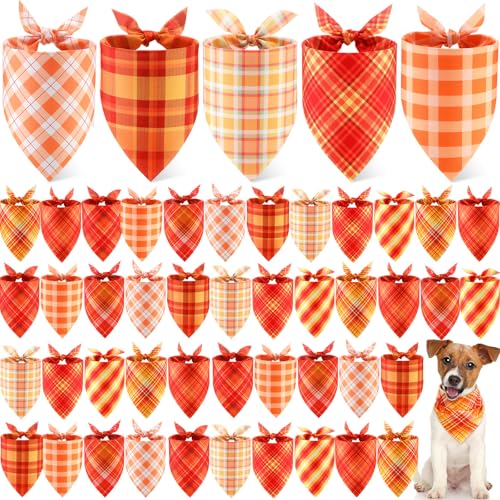 50 Pcs Fall Thanksgiving Plaid Dog Bandanas Bulk for Medium (Plaid Pattern / 25.6 x 17.7 x 17.7 Inch)