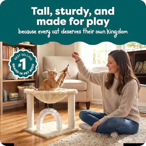 17.3" Tall Cat Scratching Post Tower for Indoor Cats (Cat Tower / Plush Hammock Playground (Cream))