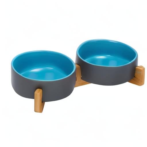 Ceramic Dog and Cat Bowl Set with Wooden Stand (1.7 cups / Blue-Grey × 2)