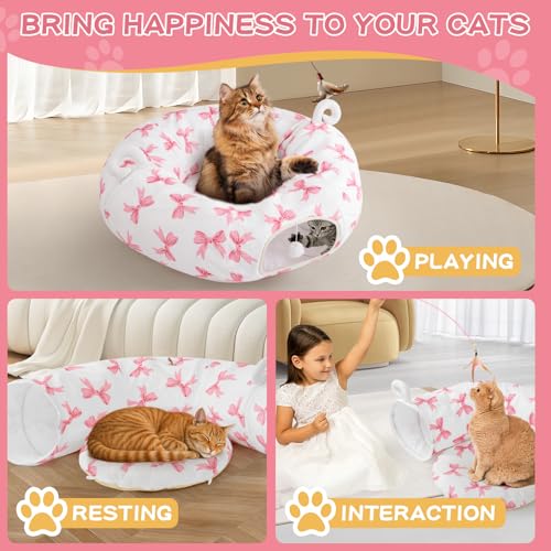 Cat Tunnel with Cat Bed for Indoor Cats (Pink)