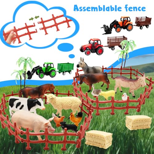 3 Pack Farm Toy Tractor with 40pcs Plastic Farm Animals Figurines and Fence Farm Playset (Farm Animals Figurines)