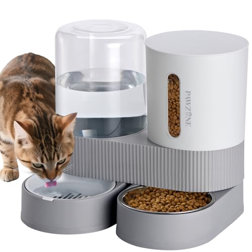 2 Pack Automatic Cat Feeder Stainless Steel Water Dispenser Gravity Food Feeder and Waterer Set with Pet Food Bowl for Small Medium Kitten Puppy Pets Large Capacity (Grey)