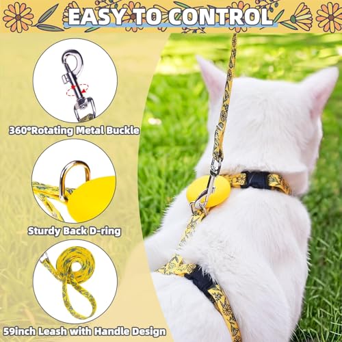 Adjustable Cat Harness and Leash Set Escape Proof Kitten Strap Collar for Walking Travel (Medium / Yellow(Floral))