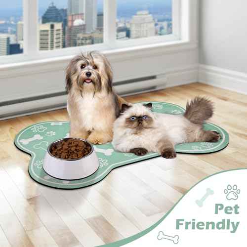Dog Cat Mat for Food and Water (18"L x 12"W / Bone Shaped Green)
