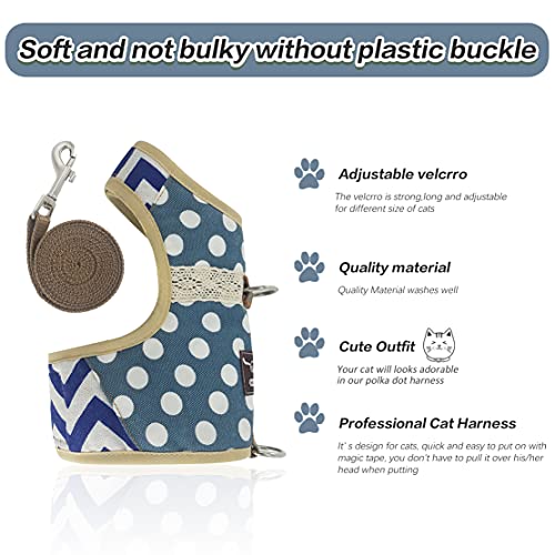 Cat Harness and Leash Set Escape Proof (Blue Polka Dots / Xs 2-4 lbs)