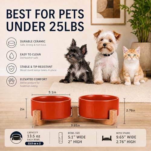 Dog Bowls Ceramic Cat Dog Bowl Set with Wood Stand for Food and Water (Rust Red / 400ML*2)