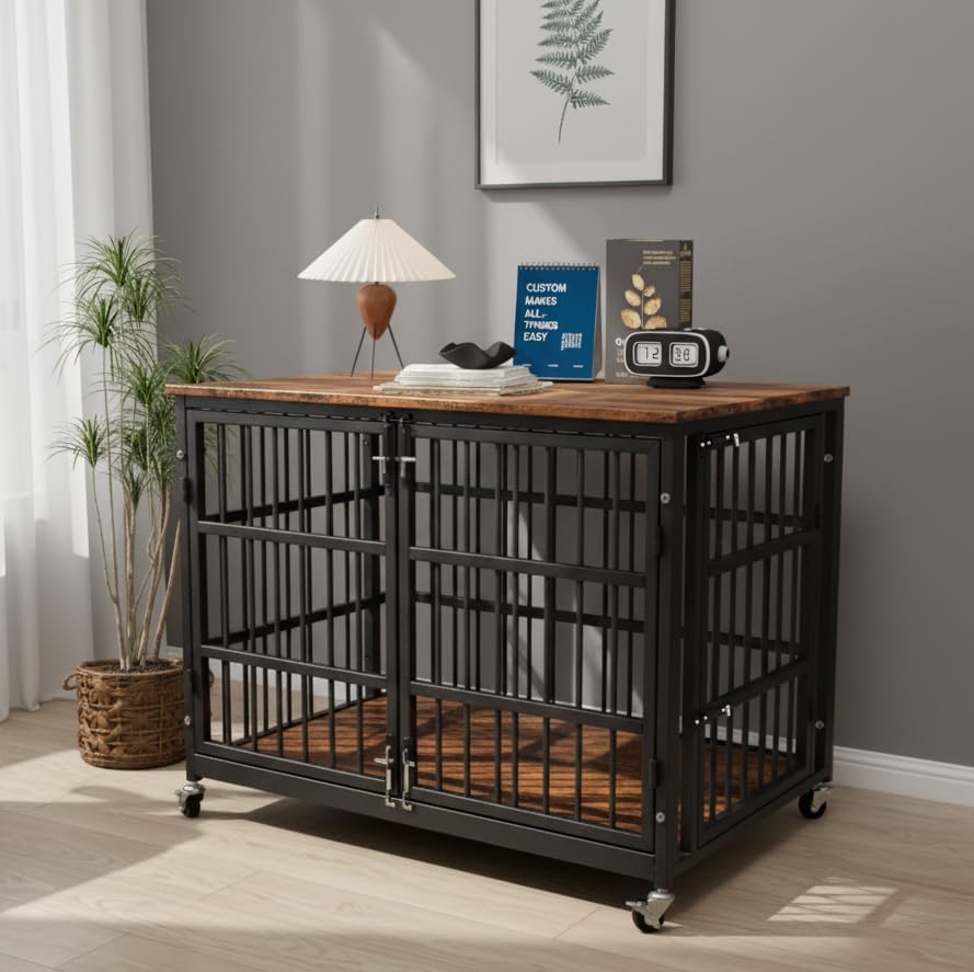 48" Heavy Duty Dog Crate Furniture for Large and Medium Dogs (Black + Rustic Brown)