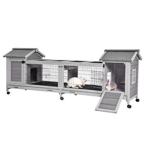 Wooden Rabbit Hutch with Wheels (Grey / 22.8"L x 80.1"W x 28.6"H)