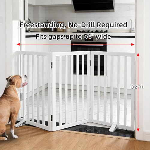 Freestanding Indoor Dog Gate for House Foldable Wood White Puppy Gate for Doorways Pet Gate for Stairs Extra Wide Pet Fence 32" Height 3 Panels (White / 【3 Panels】60''w x 32''h)