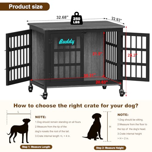 33" 27" Dog Crate Furniture with Name Tag (32.7"L x 22.8"W x 25.2"H / Dark Grey)