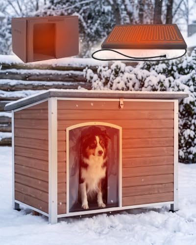 Heated Dog House Outdoor Weatherproof Wood Kennel for Large Dogs