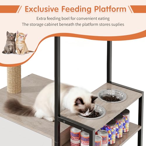 Cat Tree with Food Station and Litter Box Enclosure (Gray)