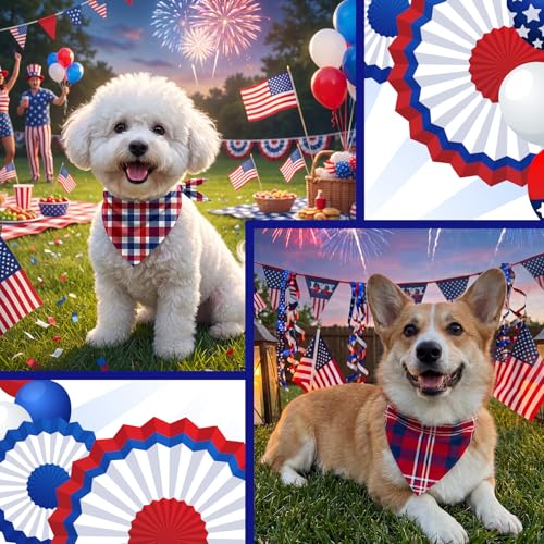 50 Pcs Veterans Day Dog Bandanas Bulk (Red White Blue Plaid / 25.6 x 17.7 x 17.7")