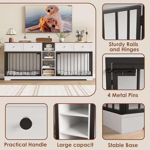 82" Double Dog Crate Furniture with Drawers and Shelves (White / 81.9"L x 23.6"W x 33.5"H)