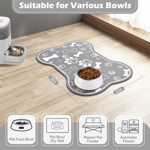 Dog Cat Food Mat (36"L x 23"W / Bone Shaped Grey)