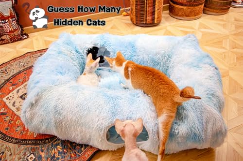 4 Cave Shuttled XL Cat Tunnel Bed for Indoor Cats Peekaboo Toy Donut with Warm Mat (Azure Blue)