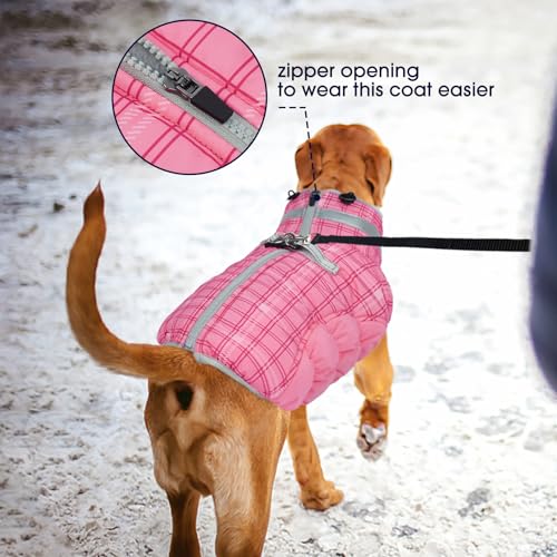 Dog Winter Coat Fleece Warm Large Dog Coat with Harness Built in (Rose Plaid / L(chest:24in))