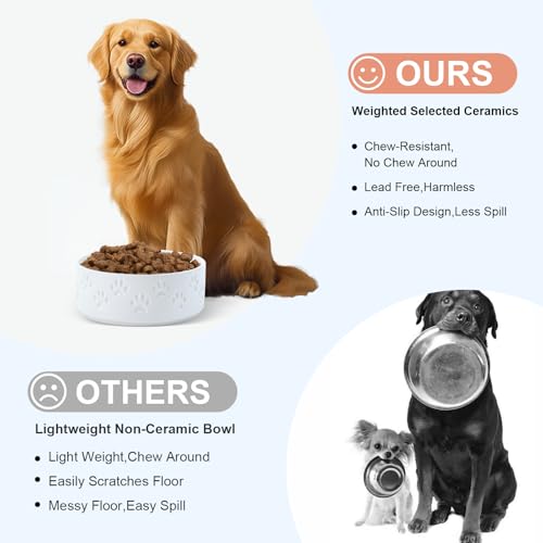 Ceramic Dog Bowls 2 Pack (8.3 in - 7.6 cups / Paw White - Only Bowls*2)