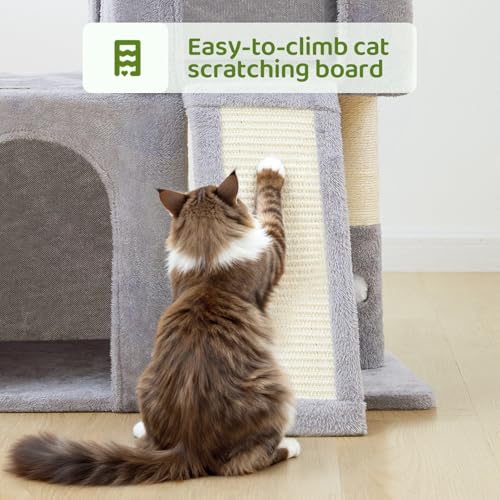32inch Tall Cat Tree with 2 cat condo for Adult Cats Cozy Cat Tower with Scratching Post and Scrather Board for Cats of Different Ages.（Light Grey） (31.5'')