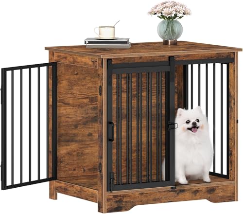 27.2" S Dog Crate Furniture Indoor Dog Kennel with Barn Door (Rustic Brown / 27.2"L x 19.3"W x 25.4"H)