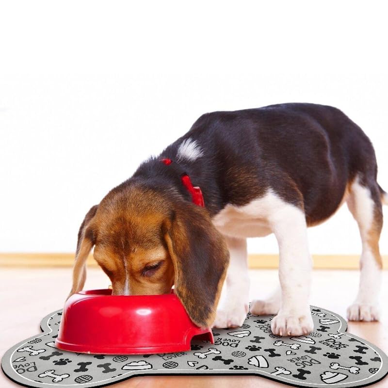 Dog Food Mats for Floors Waterproof (Grey Bone02 / 23.6"L x 15.7"W)