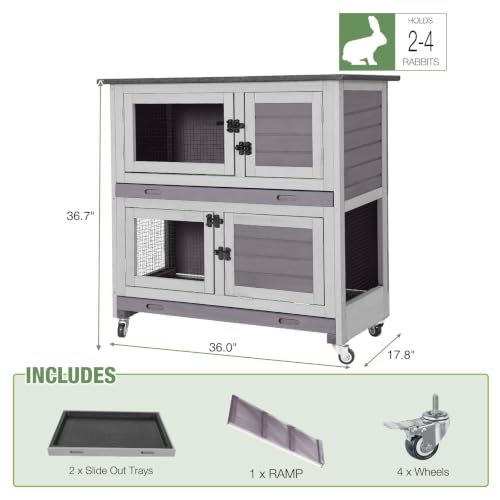 Rabbit Hutch with Trap Door Indoor Rabbit Cage with 4 Casters Bunny cage 2 Story & 2 Trays Guinea Pig Cage 36 inchs Bunny Cage (Grey-AIR77)
