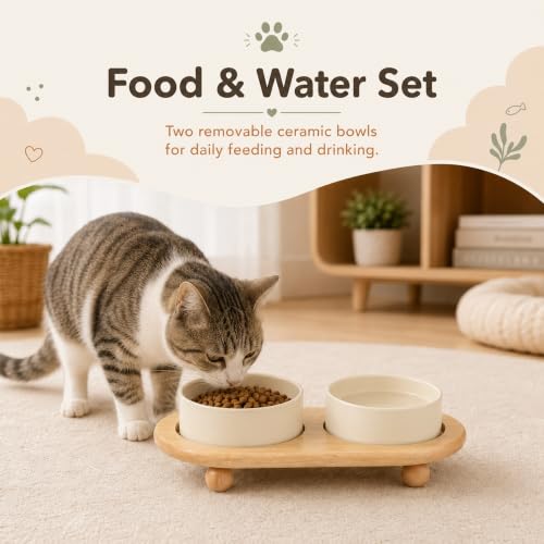 Raised Cat Bowl 5.1” Elevated Ceramic Cat Food and Water Bowl Set (Light Yellow)