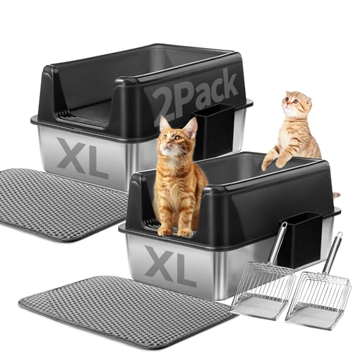 2 Pack Stainless Steel Cat Litter Box with Litter Scoop Holder