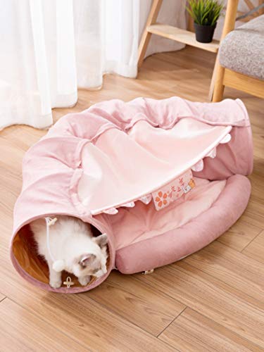 2 in 1 Cat Tunnel Bed Tube with Cushion and Plush Ball Toy Playground Crinkle Collapsible for Large Cats Kittens Kitty Puppy Small Dog Foldable Soft Pet Play Bed Indoor Outdoor