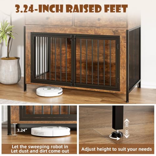 44 Inch Large Wooden Dog Crate Furniture with 2 Storage Drawers (New Brown / 44.5"L x 23.6"W x 34.5"H)