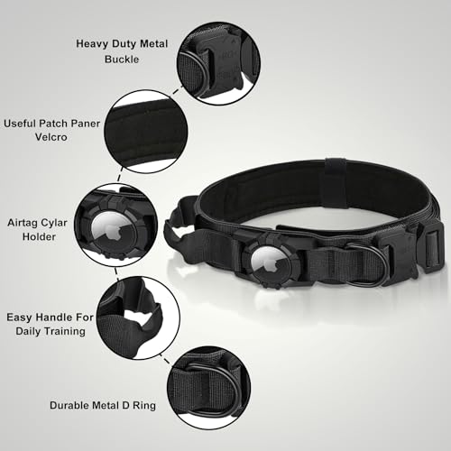 Tactical AirTag Dog Collar Leash Set (L(16.5"-20.5") / Black-SET)