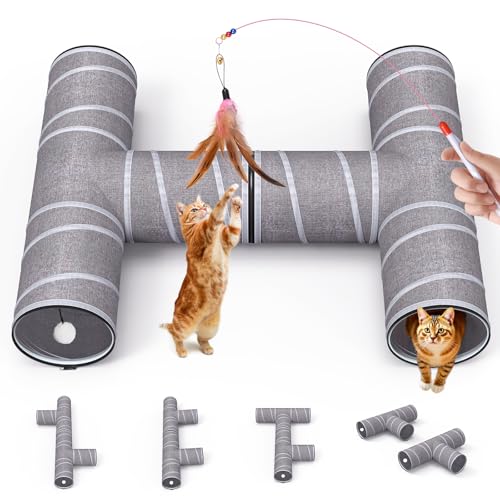 Cat Tunnel 4 Way with Teaser Wand & 2 Plush Ball (L-H-Shape)
