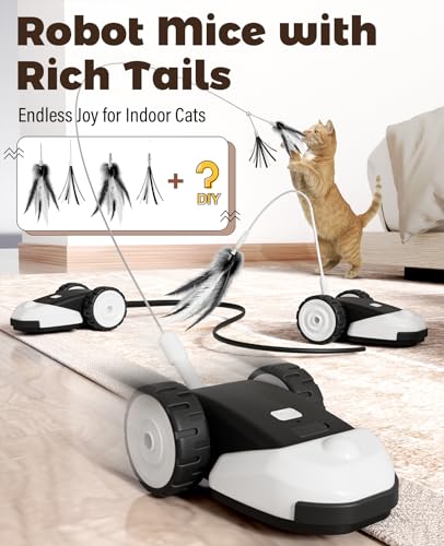 3-in-1 Interactive Cat Toy - 2-Speed Automatic Moving Mouse Cat Toys Self Play with 2pcs Hanging Feather String Ribbon and Wiggly Silicone Mice Tail for Bored Indoor Adult Cats Kittens (Black)