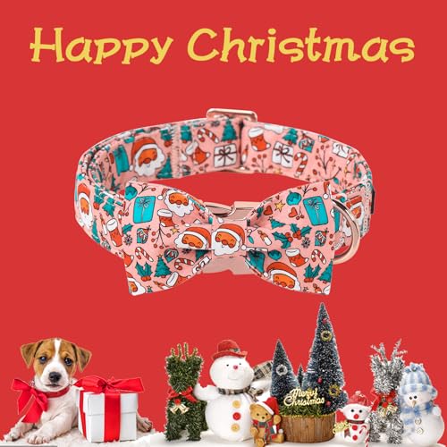 Christmas Day Dog Collar with Bow Pink Christmas Man Cotton Puppy Collars for Small Medium Large Dogs (Large / Old man gift bow)