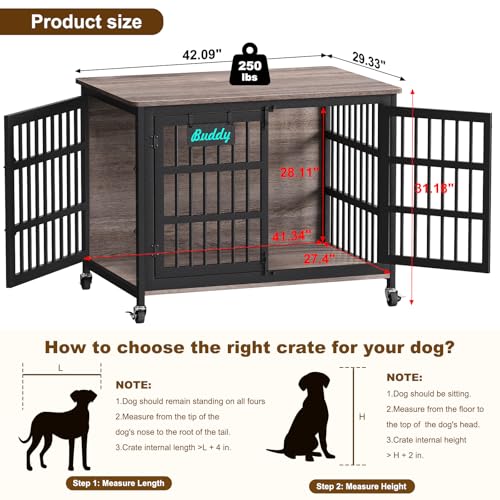 42"/41"/33" XL Dog Crate Furniture with Casters, Heavy Duty Dog Kennel Indoor for Large and Medium Dogs, Double-Doors Sturdy Dog Cage for Anxiety Dog, Decorate House as TV Stand, Bedside Table (42.1"L x 29.3"W x 31.2"H / Grey)