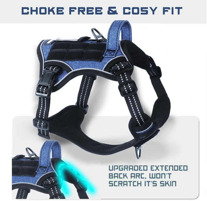 Tactical Dog Harness for Large Dogs No Pull (Denim Blue / L(Neck:19-25", Chest:21-35"))