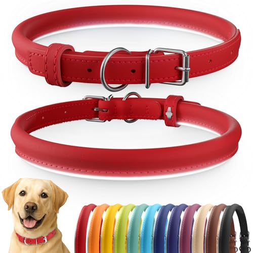 Tangle Free Reflective Leather Dog Collar (Red / XL)