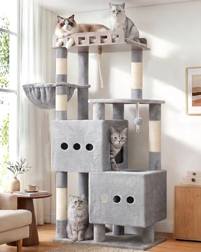 Cat Tree Sturdy Cat Tower with 2 Spacious Cat Condos GCT029W (60 inches / Light Gray)