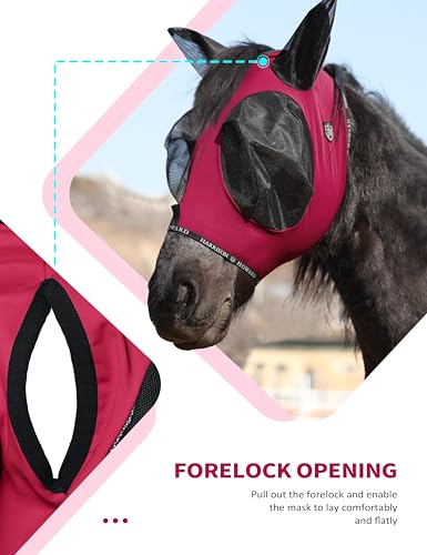 Horse Fly Mask with Forelock Opening Stretch Breathable and Comfortable for Horses UV (Burgundy / M)
