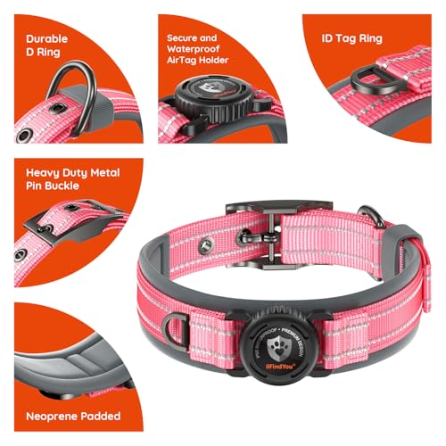 Heavy Duty Dog Collar with AirTag Holder (Rose Red / XL (24-27in Neck))